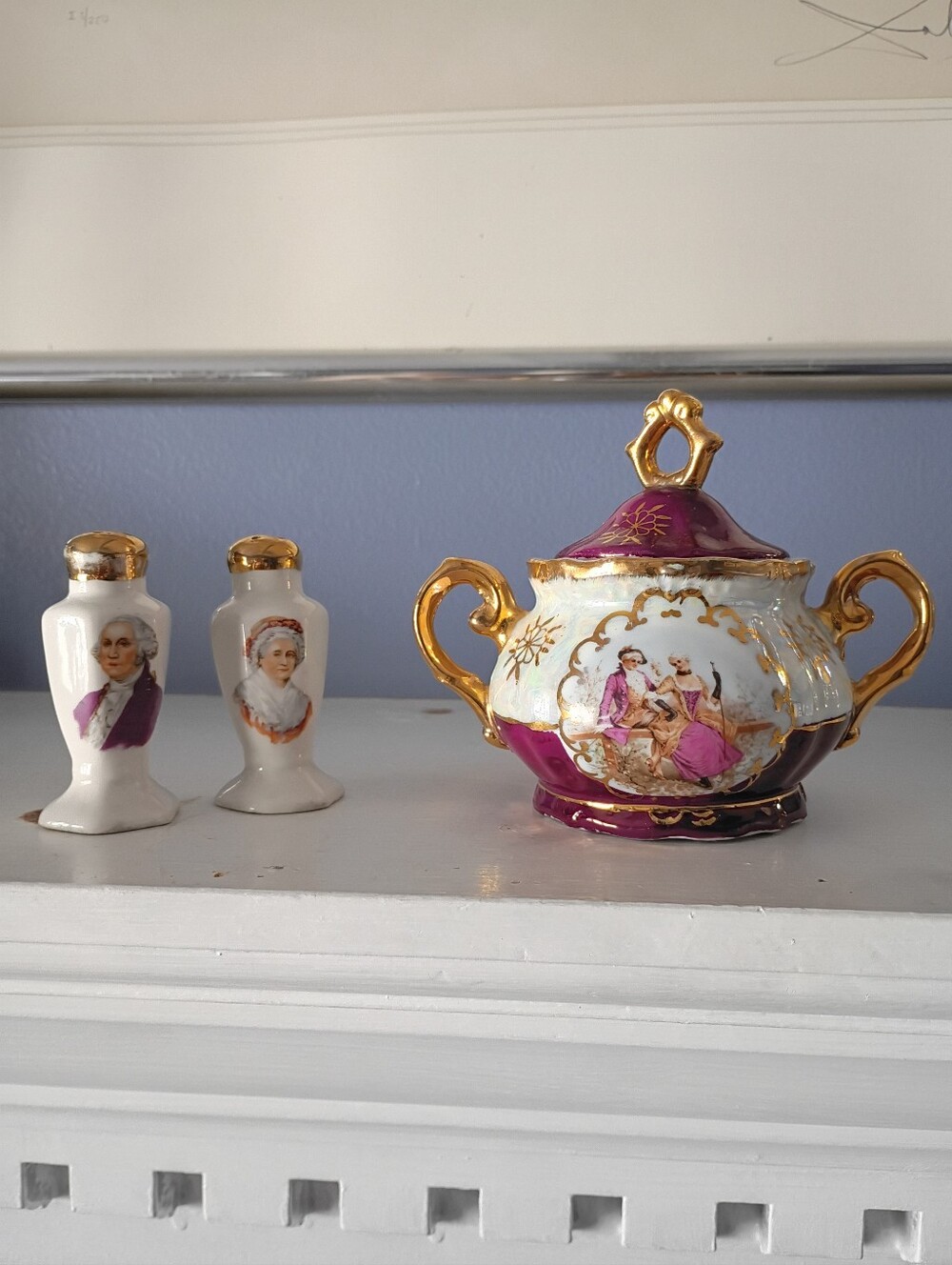 Vintage Decorative Porcelain Salt/Pepper Shakers & Covered Sugar/Condiment Bowl
